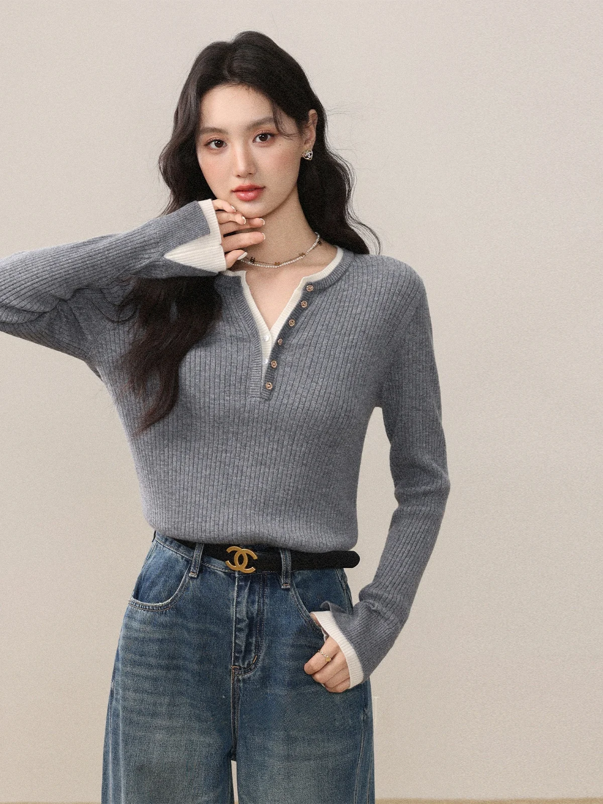 

ay Knitted Long Sve T-irt Women's Base Layer Outerwear Fake Two-Piece Sle Casual Faion Autumn New Arrival