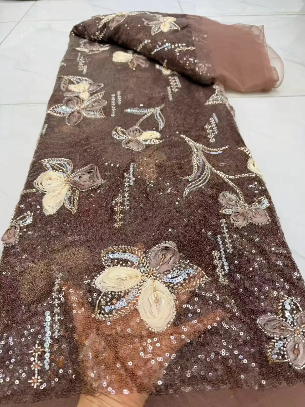 2026 Top Grade High Quality African Nigeria Sequins Tulle Lace Fabric Embroidery Wedding Party Guipure Dress Beads Stone DP0557