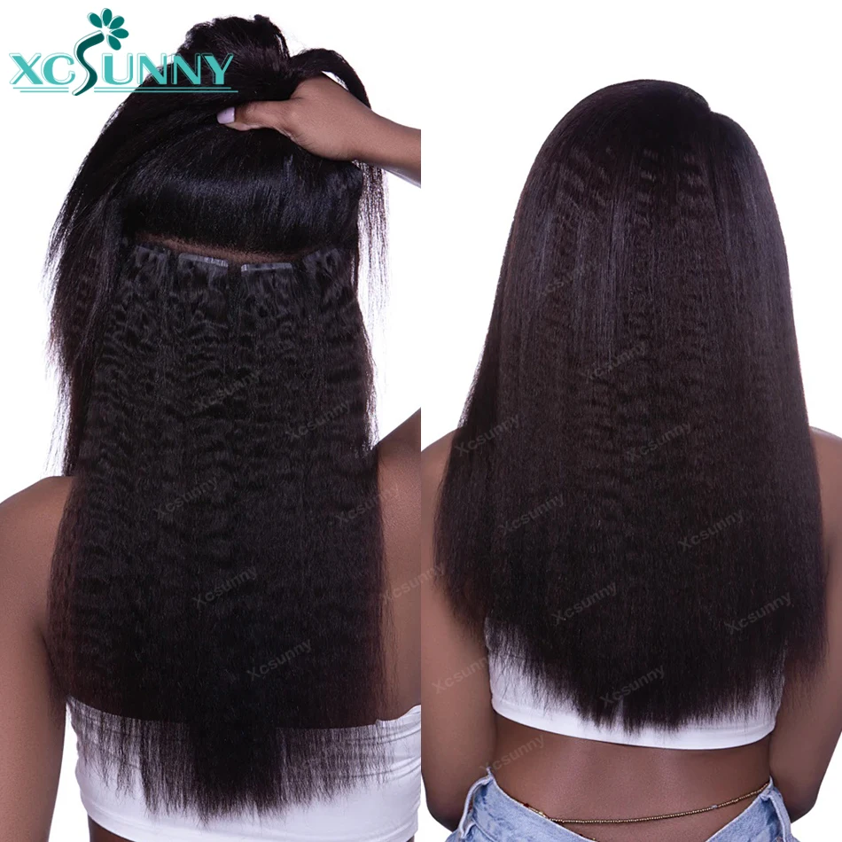 Kinky Straight Tape Ins Human Hair Kinky Yaki Skin Weft Burmese Tape In Human Hair Extensions Double Drawn