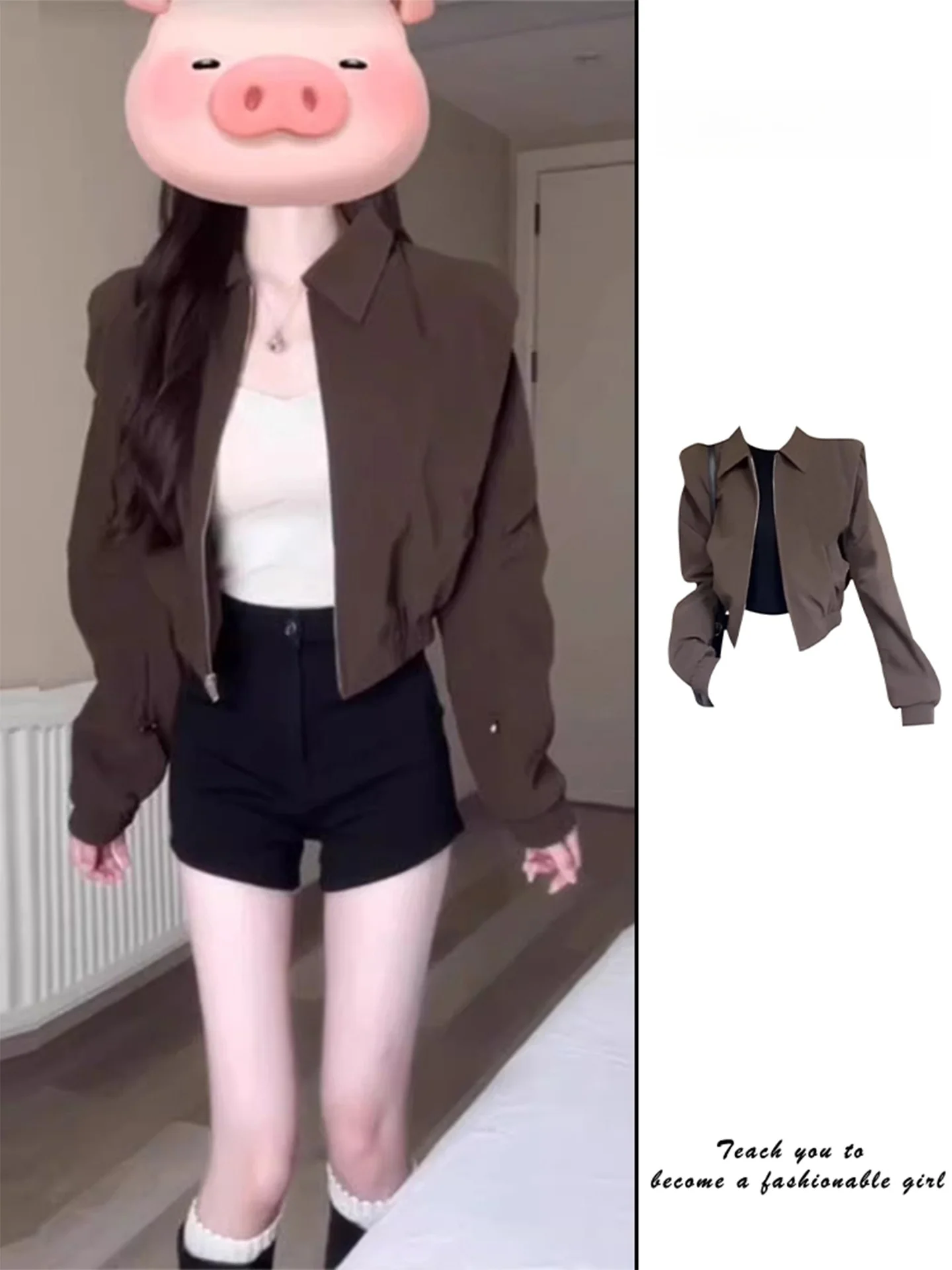 Brown Short Jacket Women's Padded Shoulder American Style Baseball Uniform Spring 2026 Retro Loose Fit Long Sleeve Zipper
