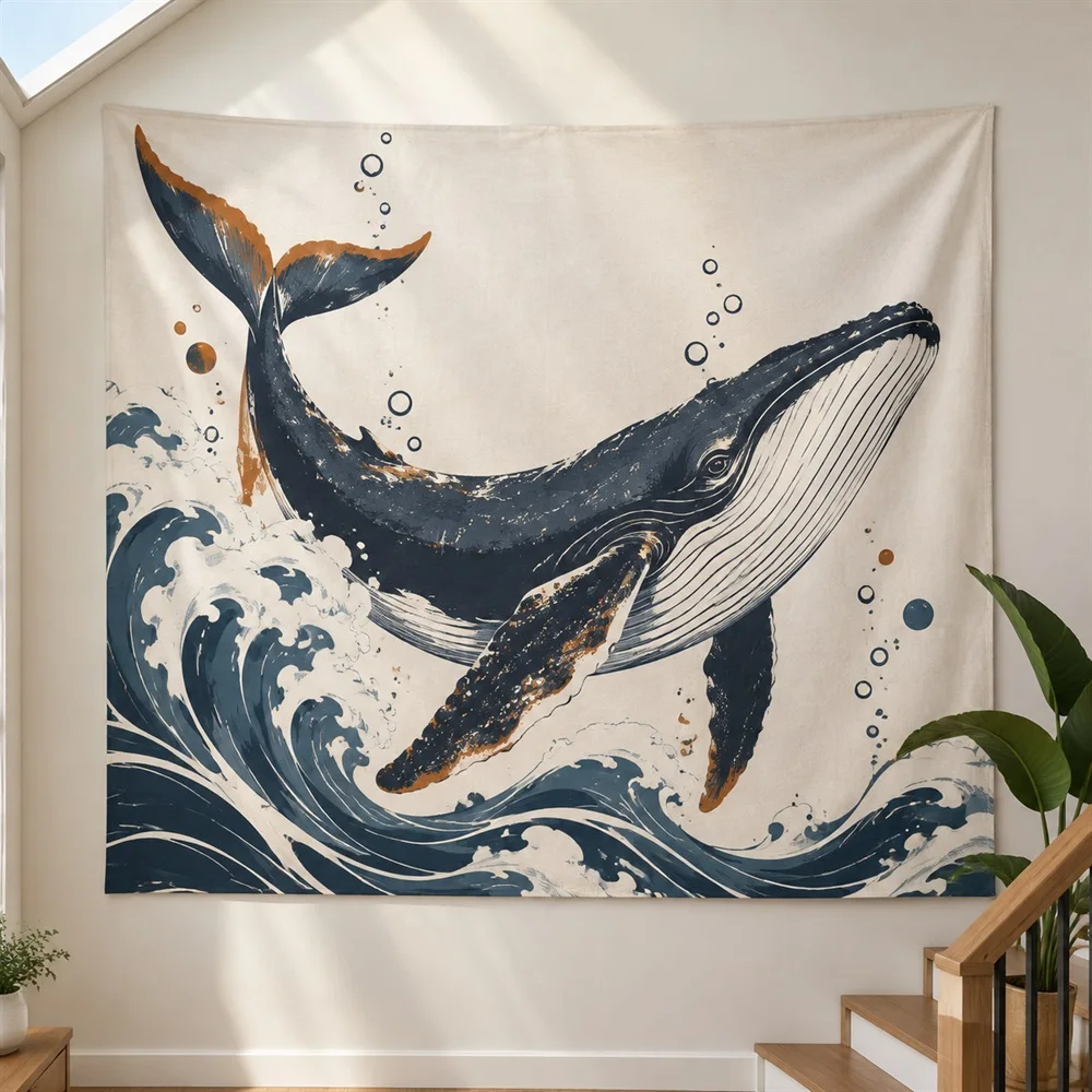 VIKAMA Whale Ocean Tapestry Wall Hanging, Sea Animal Coastal Aesthetic Room Decor Tapestries for Bedroom Bathroom Living Room