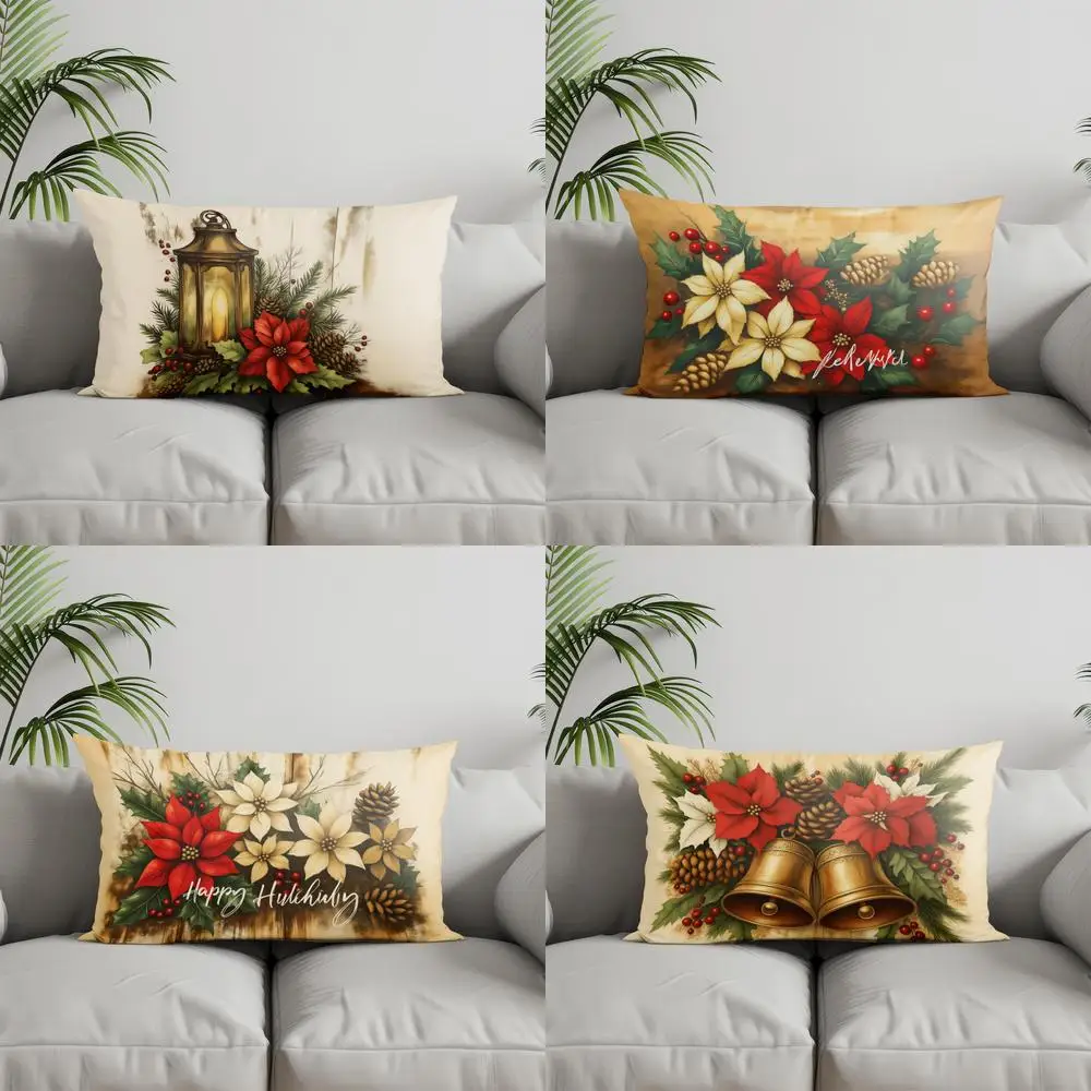 Home Decor Lantern & Poinsettia Christmas Pillow Suitable For Sofa Bedroom Car Pillow Cover Cushion Rectangular Back Cushion