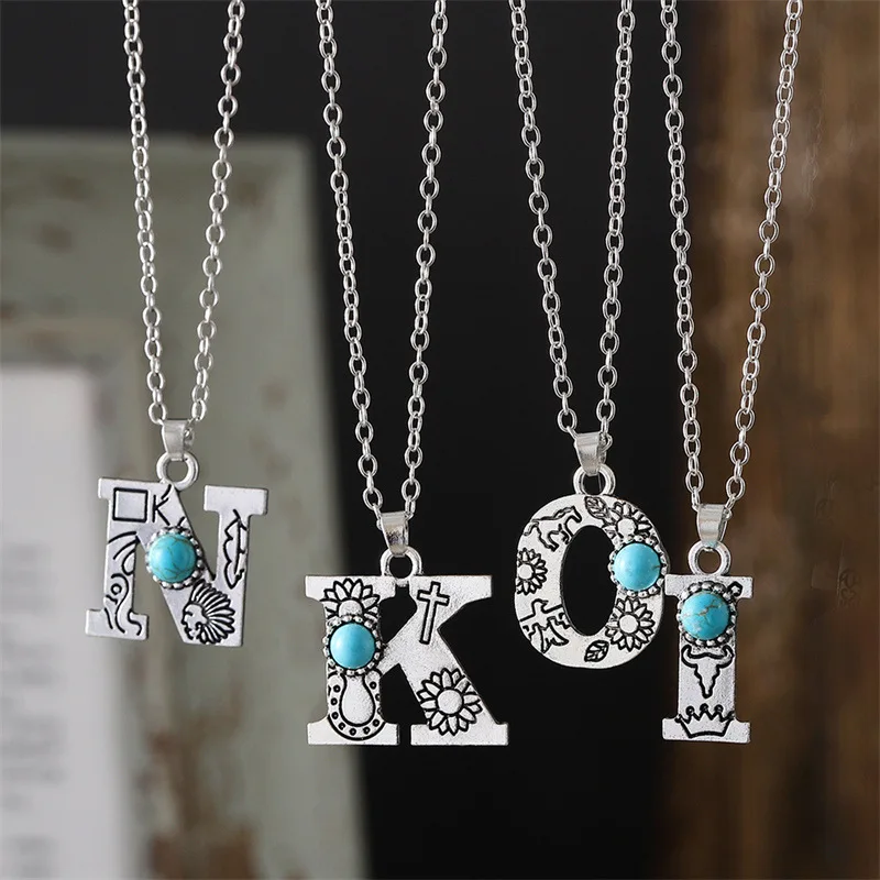 DIY accessories Amazon's new retro 26 English letter turquoise necklace collarbone chain creative pattern engraving design item