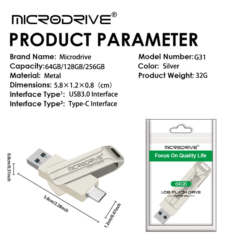 MicroDrive 2 в 1 USB-флеш-накопитель Memory Stick USB3.0 TYPE-C OTG Портативный U-диск 64 ГБ 128 ГБ 256 ГБ для телефона Компьютер