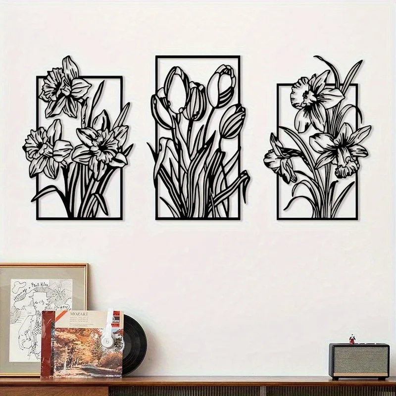 CIFBUY Iron Wall Art 3D Wrought Iron Tulip Metal Sculpture Rustproof Hanging Plaque Home Boho Farmhouse Kitchen Decor Sign