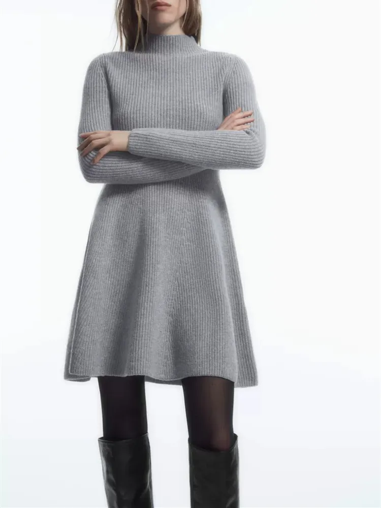 Minivestido de punto de lana para mujer, Vestido de manga larga con cuello medio alto, ajustado, color gris o negro, novedad de primavera 2024