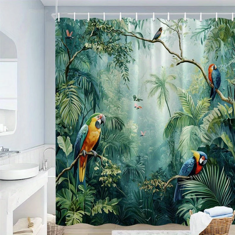 1pc a Vibrant Shower Curtain Depicting Lush Tropical Rainforest Scenes, Showcasing Bright Blue And Yellow Macaws Resting on Bran