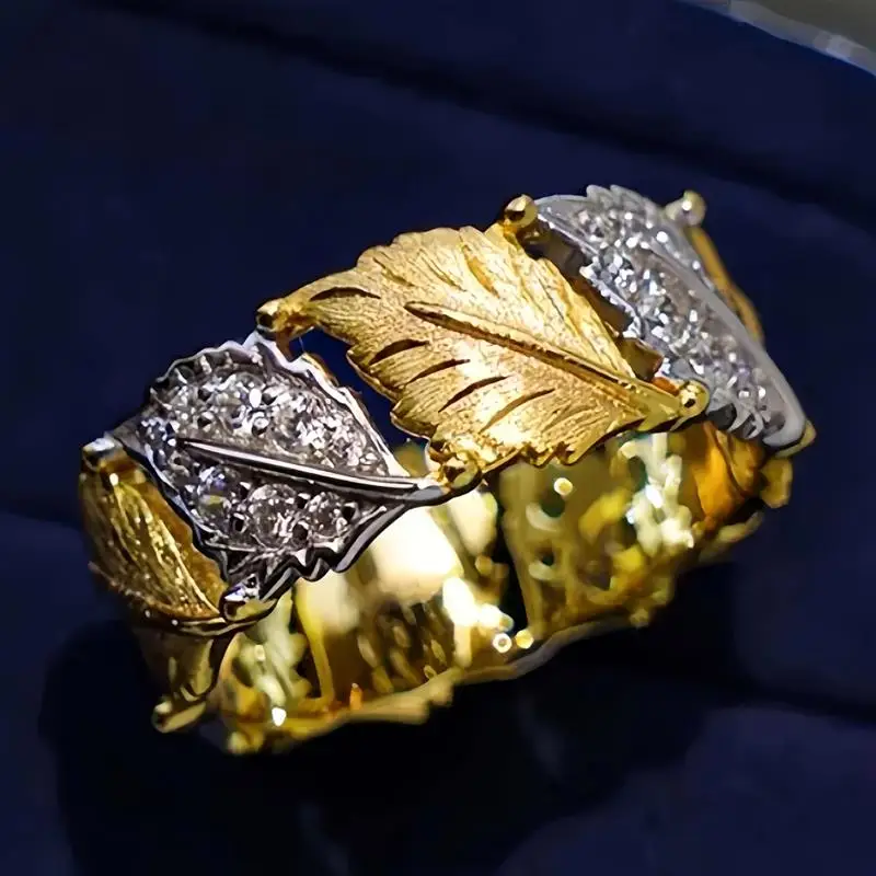 Anillo de Dos Tonos Huitan para Mujer, Diseño de Hoja Estético, Elegante Accesorio para Bodas y Fiestas, Incrustado con Circonitas Brillantes, Joyería de Lujo, Regalo