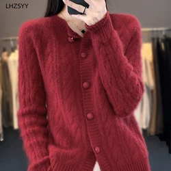 LHZSYY Autumn Winter New Cashmere Cardigan Women O-Neck Knit Coat Sweater Casual Large Size Shirt Tops Loose Twist Female Jacket