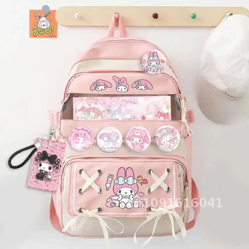 Anime kuromi cinnamoroll melodia mochila estudantes livro saco de escola kawaii meninas portátil com badagens