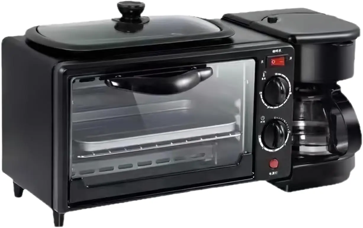 Multifunctional 3-in-1 Home Breakfast Machine with Mini Oven and Coffee Maker, Black