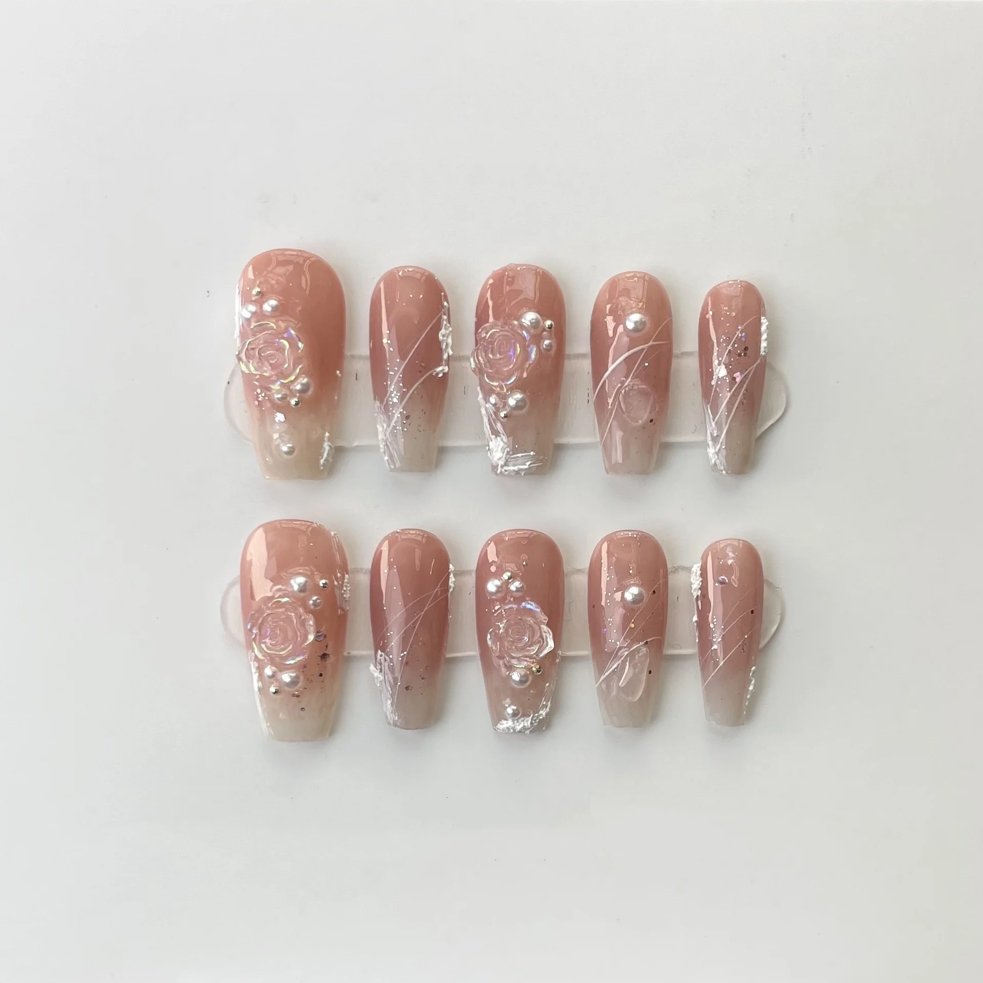 

10Pcs Handmade Gradient Nails Set Press on 3D Flower Pearl Decoration False Nails Long Ballet Wearable Full Cover Fake Nail Tip