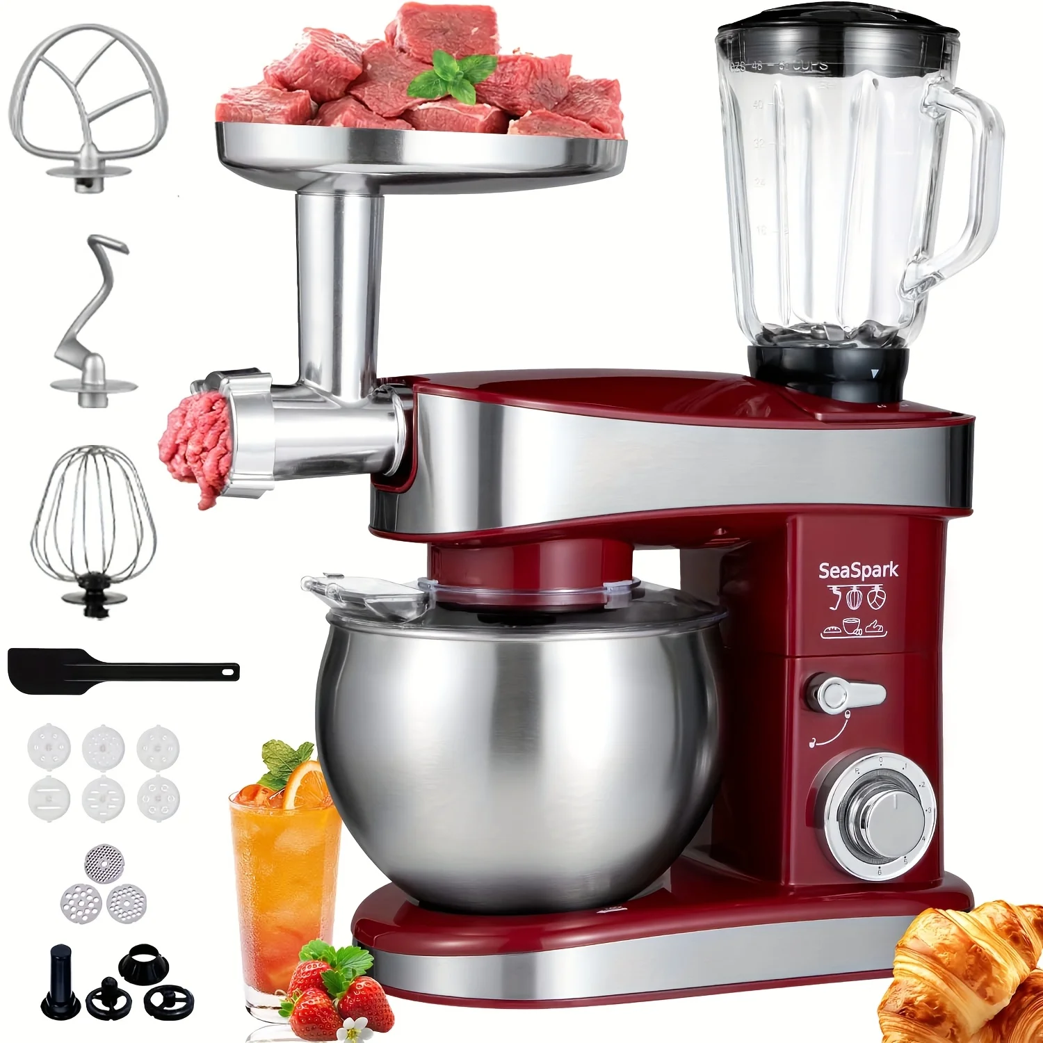 

6-in-1 Electric Vertical Mixer, 400W 6-speed with Pulse Button, Accessories with 6.3QT Stainless Steel Bowl, Mixer, Dough Hook,