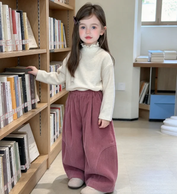 Girls' Coat 2026 Autumn and Winter New Children's Clothing Korean Style Girl Baby Retro Corduroy Pinch Pleated Wide Leg Pants