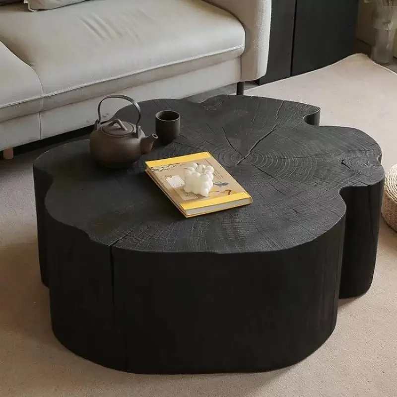 solid wood coffee table small coffee table carbonized black living room bed and breakfast furniture flower shape log pier