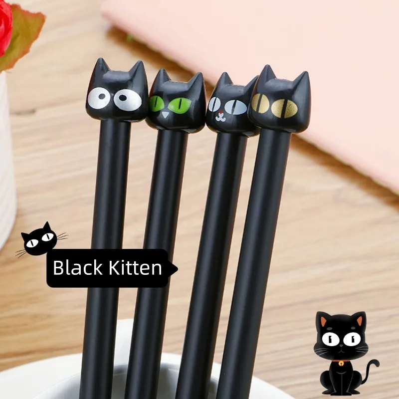 10Pcs/Lot  Kawaii Black Kitten Gel Pen 0.5mm Black Ink Cartoon Big Eyes Cat Netural Pens Kids School Stationery Office Supplies