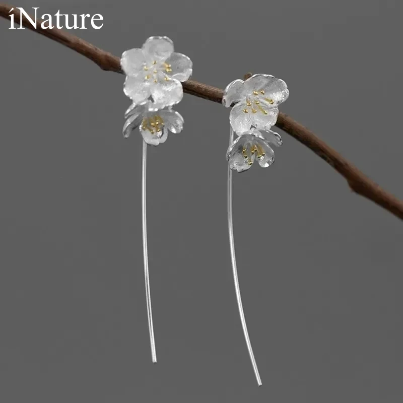 

INATURE New Korean 925 Sterling Silver Romantic Cherry Blossoms Flower Drop Earrings For Women Anniversary Wedding Jewelry