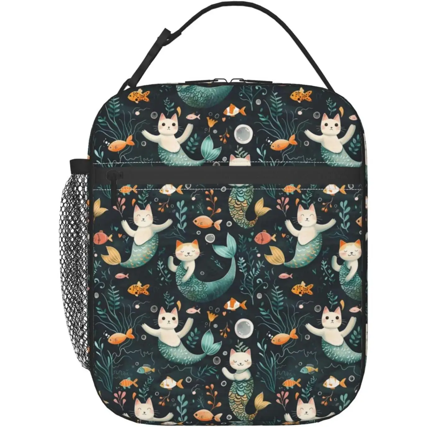 Reusable Mermaid Cat Lunch Box for Kids Adult Insulated Cute Lunch Bag Polyester Cooler Underwater Handbags Case