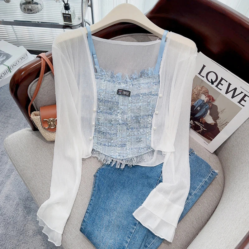 Thin Sunscreen Clothes Sling 2-Piece Set Women's Summer New Tulle Short Small Shawl Cardigan+Halter Tops French Sweet Suit