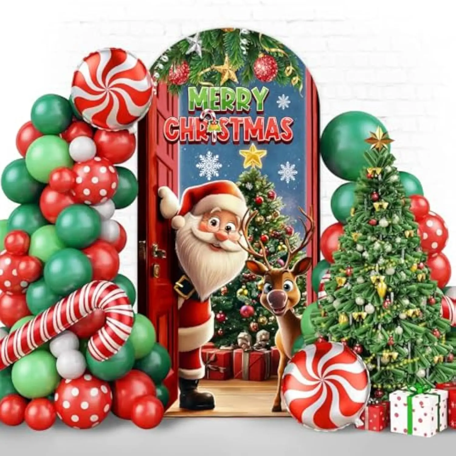 VIKAMA 메리 크리스마스 아치 배경 스탠드 커버 레드 아치 벽 배경 크리스마스 데이 라운드 탑 커버 겨울 크리스마스 파티