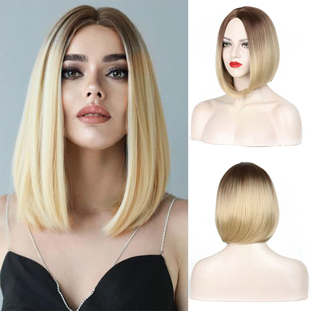 30cm Women's Synthetic silky straight Bob Wigs Ombre Blonde Short hair Middle Part Bangs Rose Net Cap cosplay women wigs hair