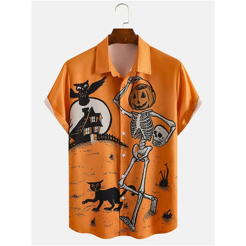Men's Halloween Pumpkin Witch Hat Print Short Sleeve Shirt Holiday Party Funny Vacation Street Wear Mens Clothing