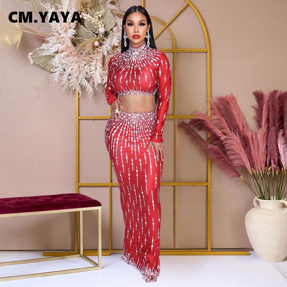 CM.YAYA مجموعة النساء الشارع طويلة الأكمام طباعة المحاصيل القمم + عالية الخصر التنانير الطويلة الدعاوى مثير حفلة عطلة قطعتين مجموعات فستان #3