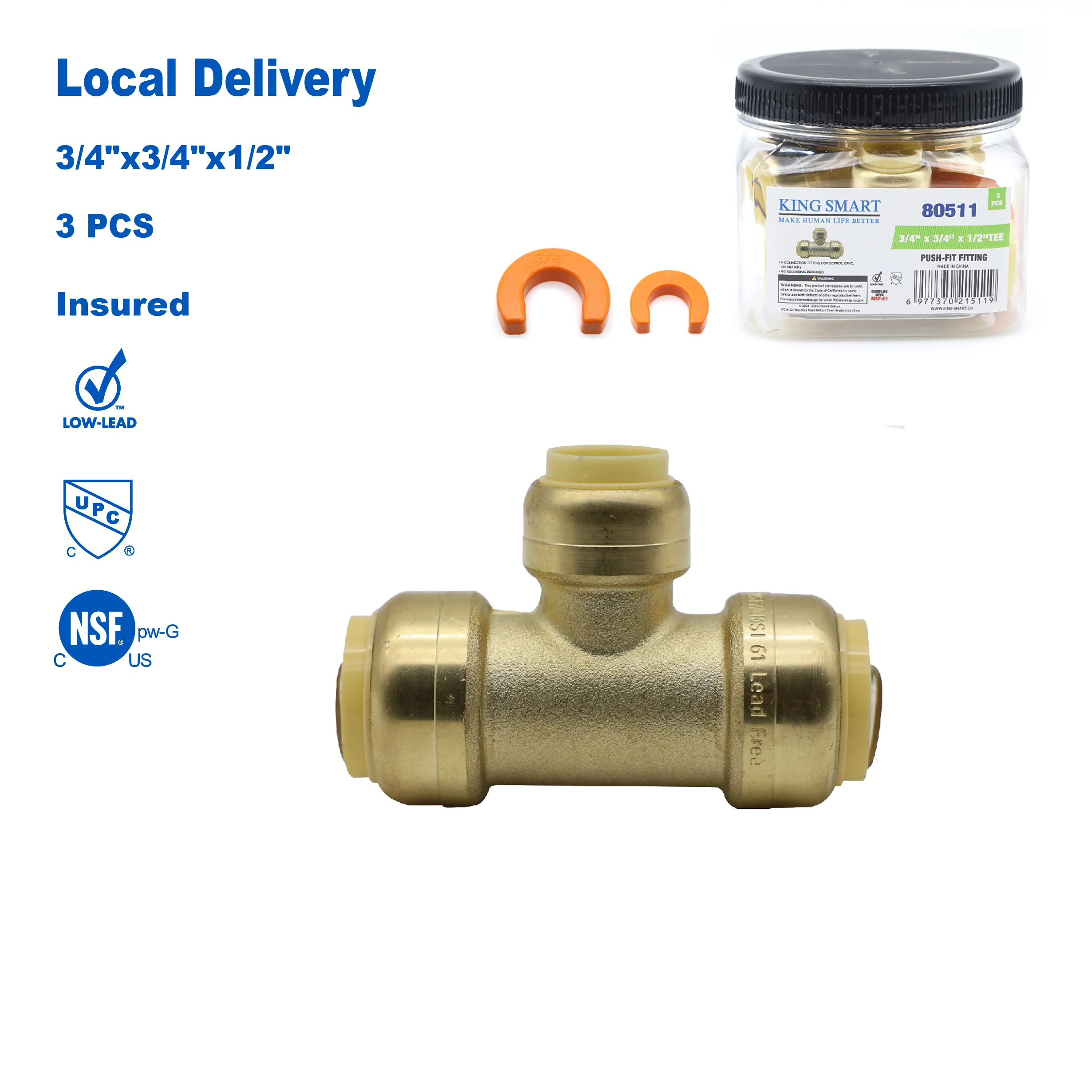 

KING SMART 3/4" Push Fit * 3/4" Push Fit * 1/2" Push Fit Fitting TEE; 3Pcs/Case; 80511