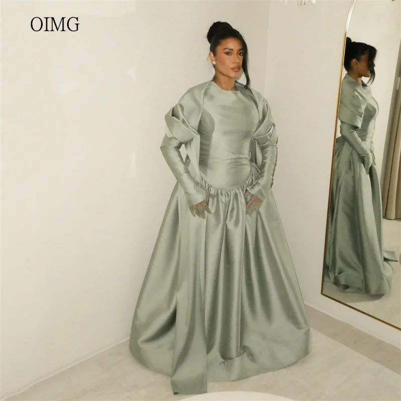 

OIMG Smooth Light Green A Line Prom Gowns Satin Long Sleeves Formal Party Gown Floor Length Evening Dress Customized