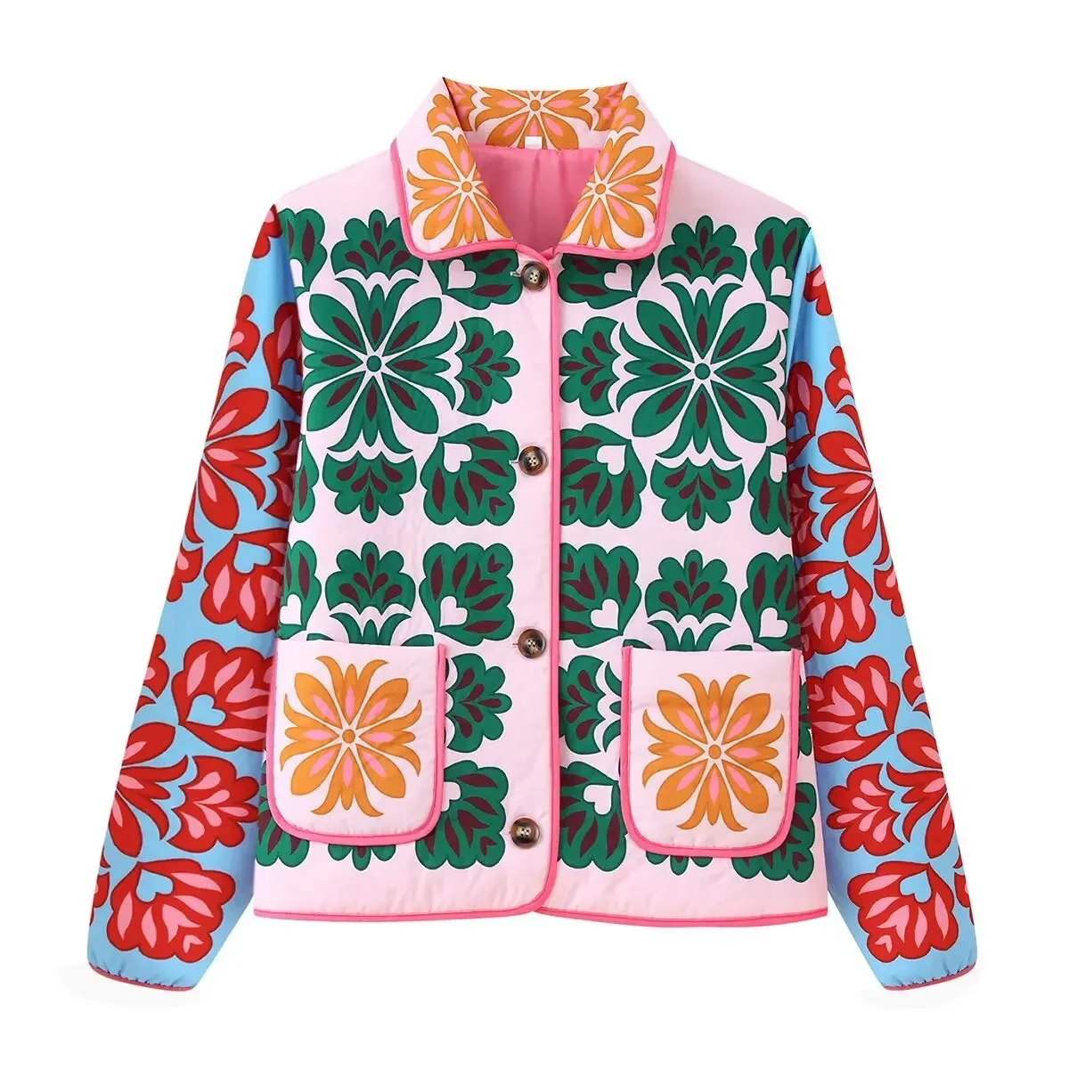 2026 Autumn Winter Daily Casual Outerwear Women's Fashion Print Panelled Quilted Cotton Jacket Long Sleeve Pocket Cardigan Coat