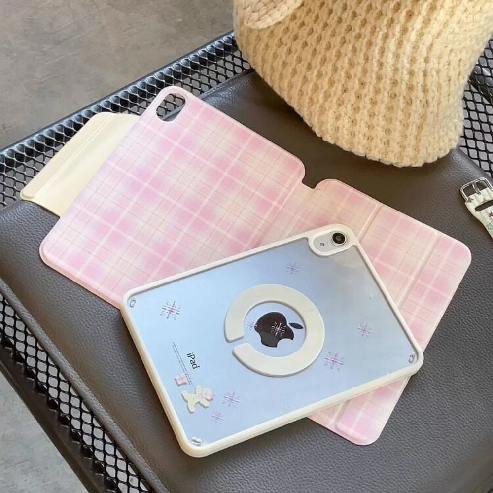 Korean Gentle Pink Plaid Cover For Magnetic Split iPad Pro 13 11th M5 M4 12.9 A16 10 8 7 9th 10th Air 11 M2 M3 Mini Tablet Case
