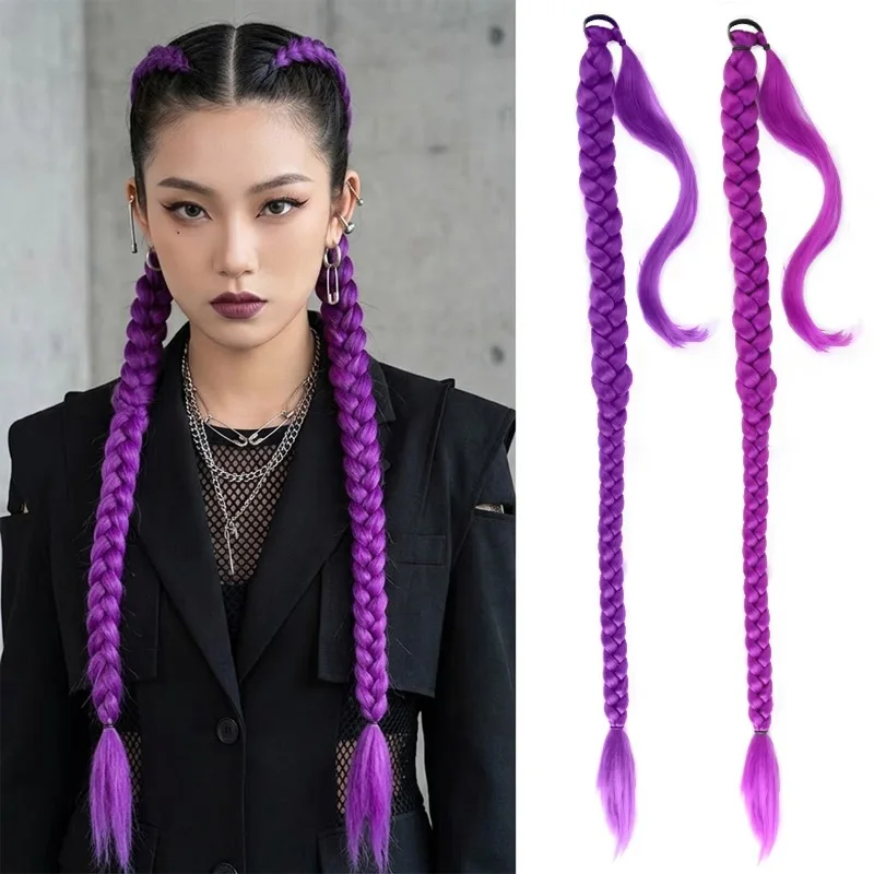 Long Purple Braided Ponytail Extension with Elastic Rubber Band Synthetic Hair Piece Wrap Around Braid Hair for Women Kids