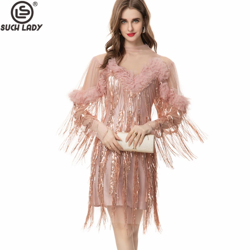 

Women's Runway Dresses O Neck Long Sleeves Sexy Tulle Laid Over Tassels Detailing Fashion Designer Short Vestidos