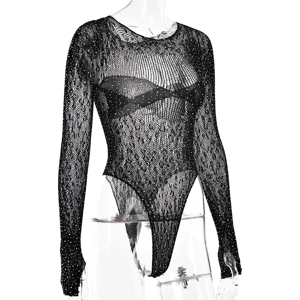 Damen Slim Fit Transparenter Langarm-Romper, Glänzender Strass-T-Shirt-Bodysuit, Party-Club-Overall mit Ausschnitten – Detail 9