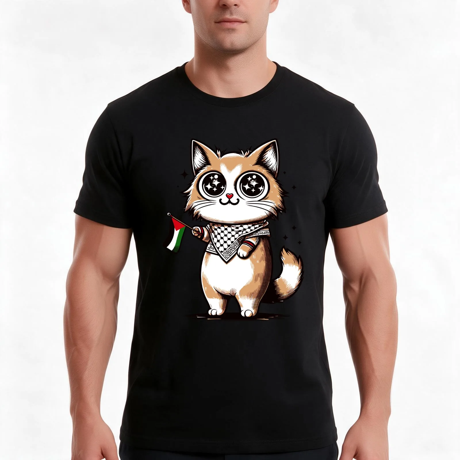Moustache al-Quds: A Feline Ambassador for Peace T-Shirt Summer Casual Cotton Tee Oversized Streetwear Tops Unisex Men Women