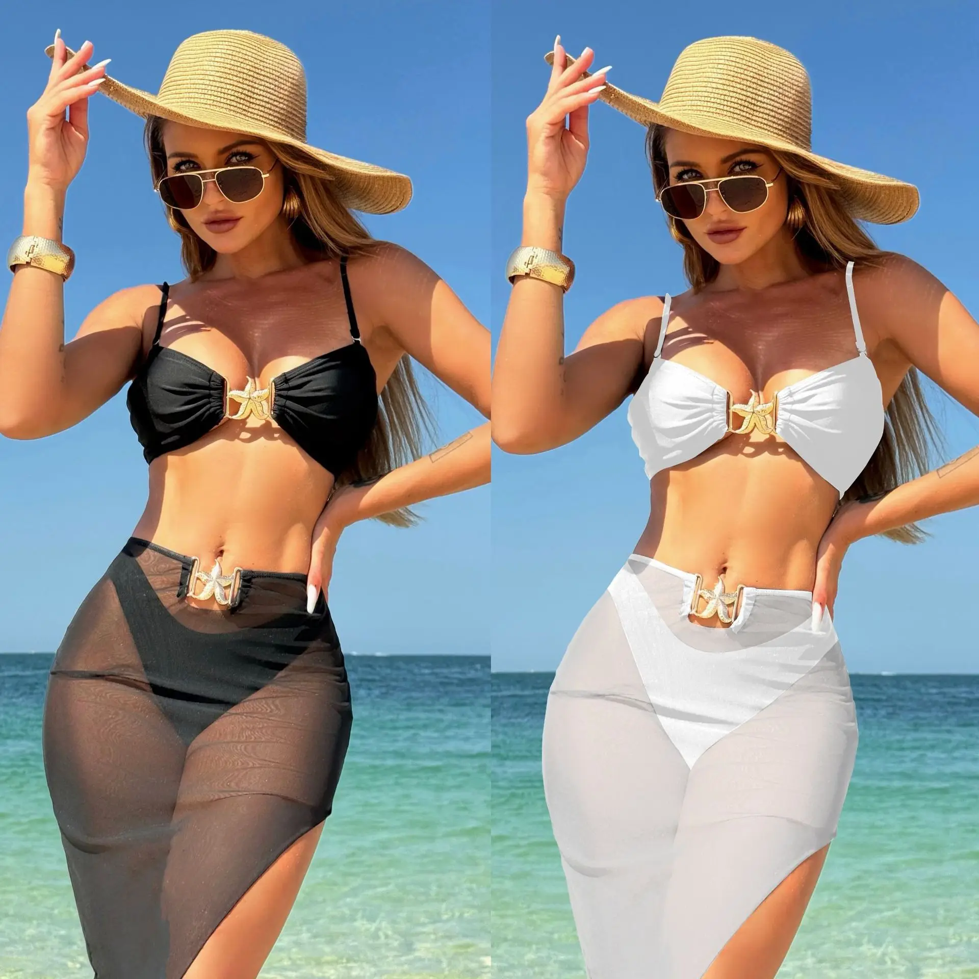 New Sexy Solid Color Three-piece Mesh Dress Swimsuit Bikini