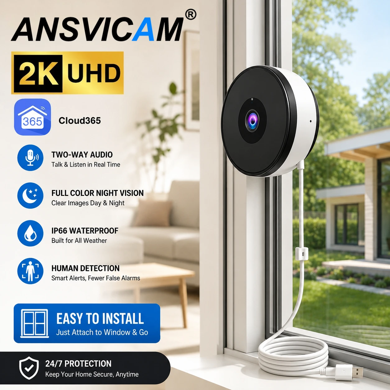 5MP Window Security Camera 5GHz WiFi Indoor Home Surveillance Motion Detection Full Color Night Vision 24/7 Recording
