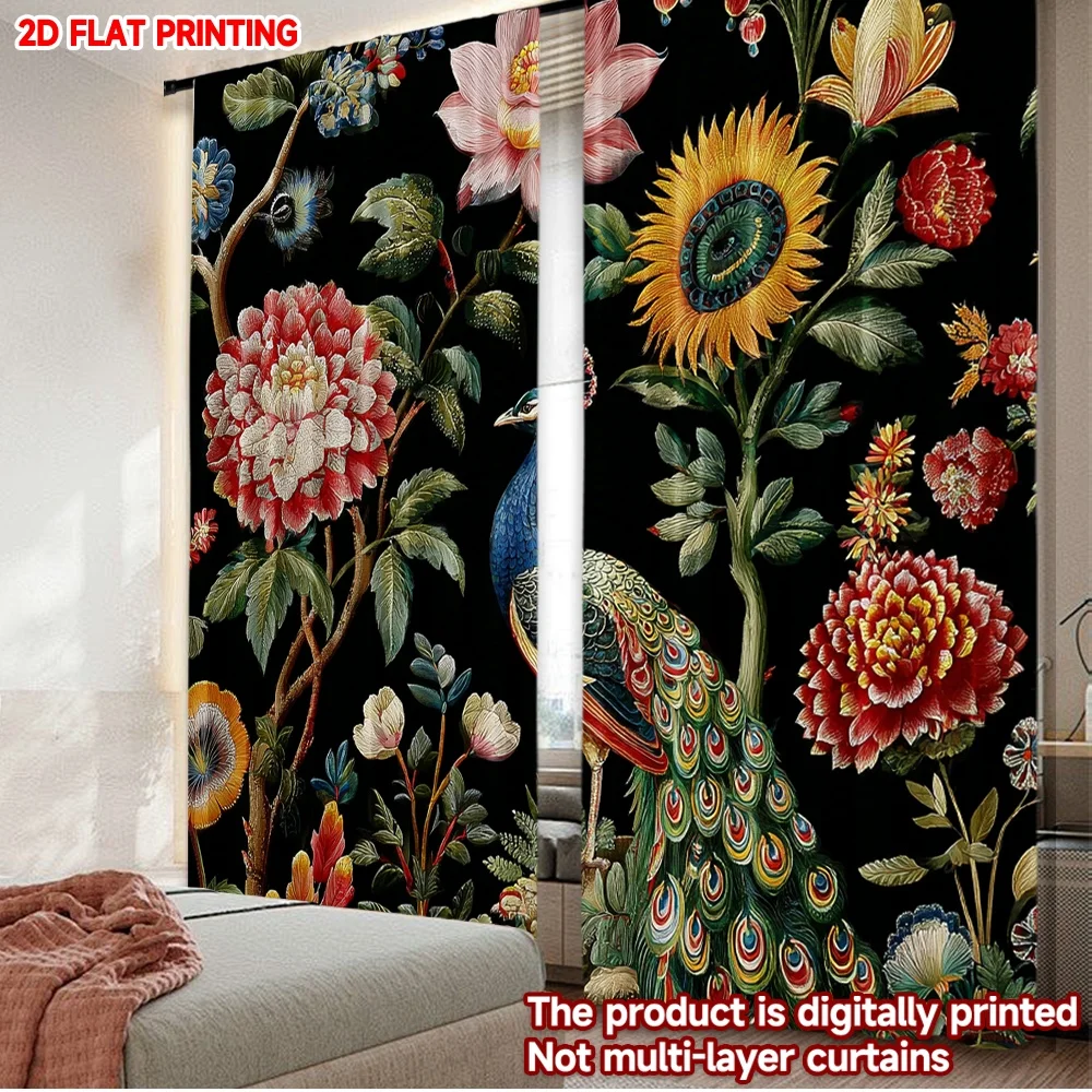 Sunflower Peony Curtains  Vibrant Yellow Pink Blooms with Green Leaves Peacock Feather on Black Background for Bold Living Room