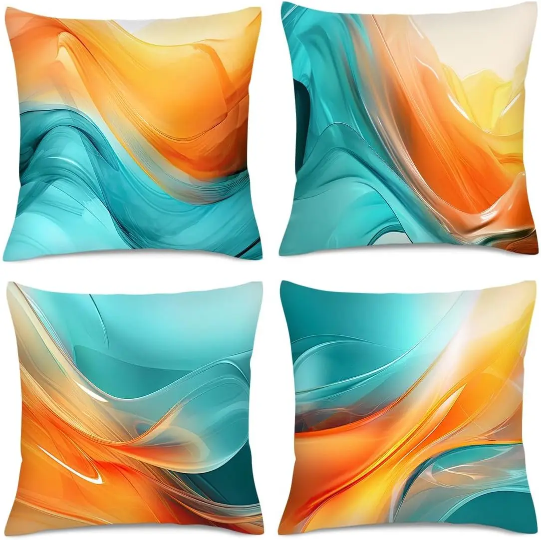 4 Pack Abstract Watercolor Fluid Flow Throw Pillow Covers Set Ocean Teal Orange Accent Cushion Case for Modern Living Room Bedro