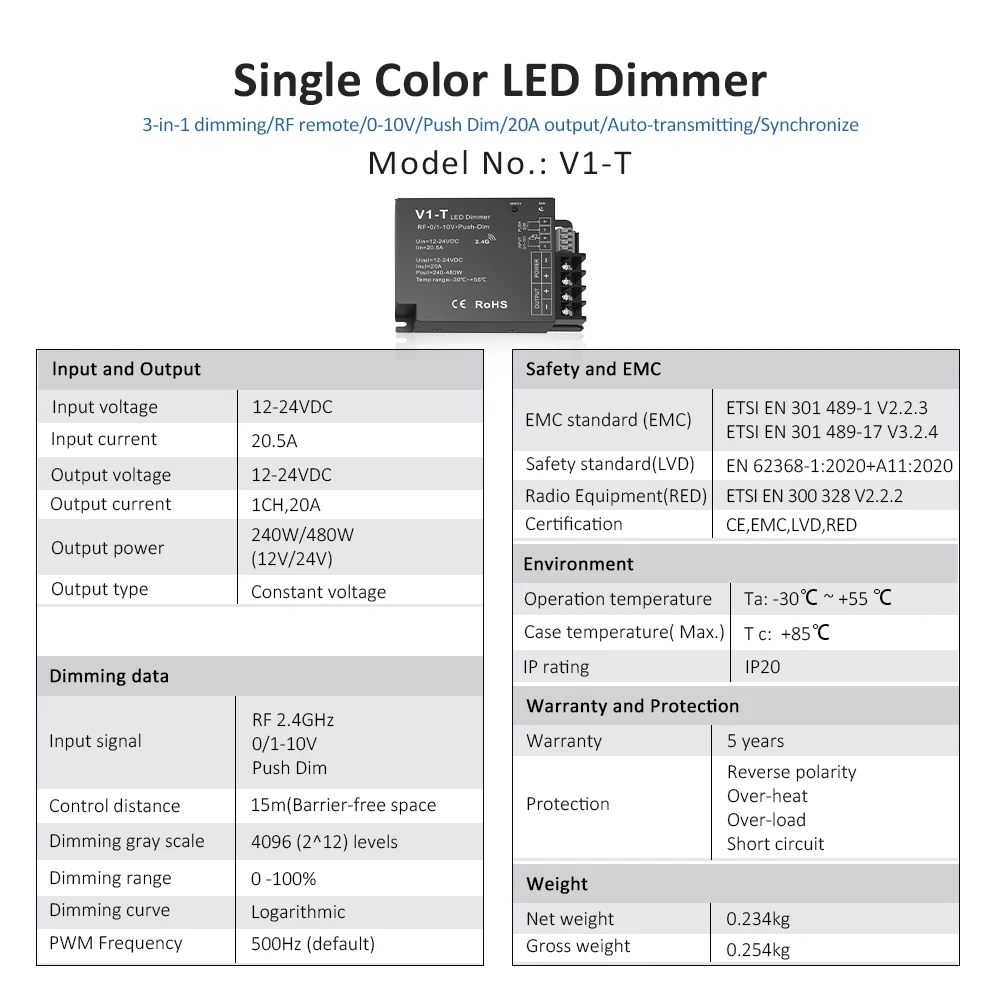 LED Dimmer V1-T 12V 24V 2.4G RF Wireless Remote R1 RU4 RU8 0-10V Wall Mounted Panel T18 Touch Dimming for Single Color LED Strip