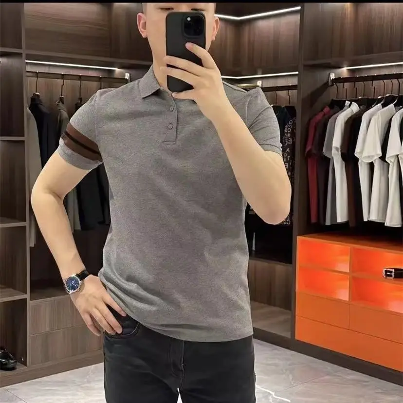

Men Summer Short Sleeve Polo Shirt Turn Down Collar Slim Fit Business Casual Patchwork T-Shirt