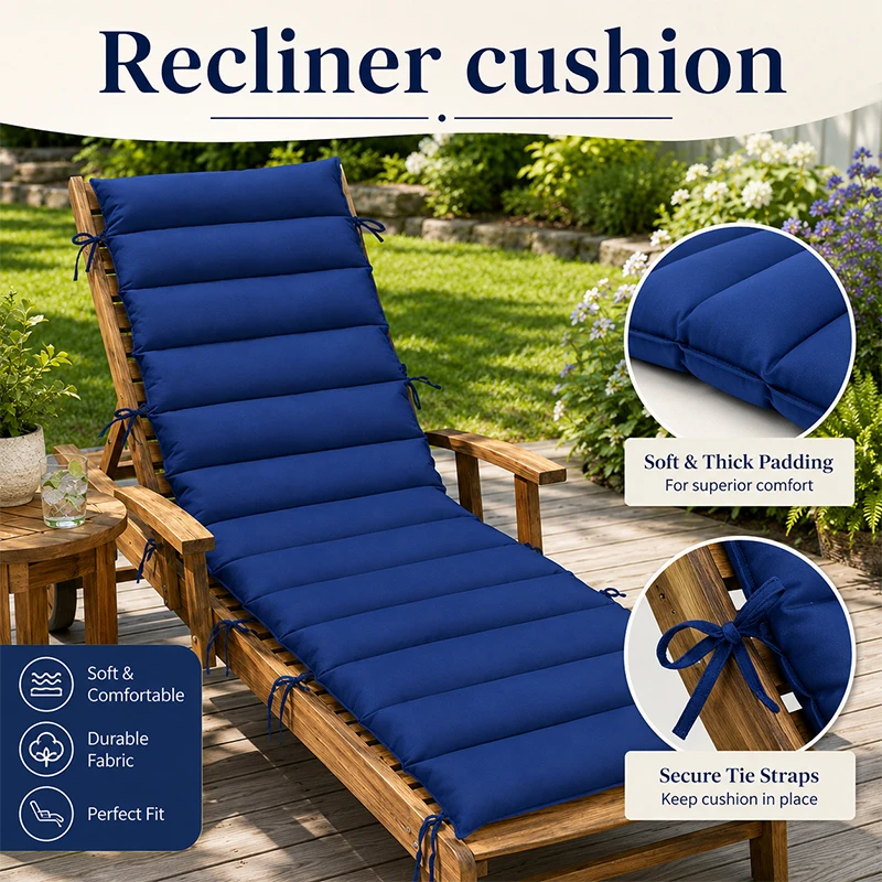 182x50cm Oxford Fabric Lounge Chair Cushion Segmented Patio Seat Pad for Outdoor Garden Rocking Rattan Wicker Recliner Chair