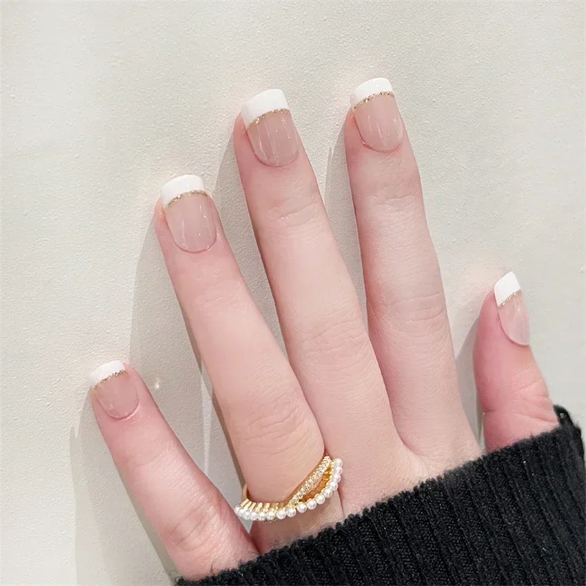 24Pcs White Edge French Fake Nail Tips Gold Powder Artificial Short Press on Acrylic Nails Wearing False Nails Art Free Shipping