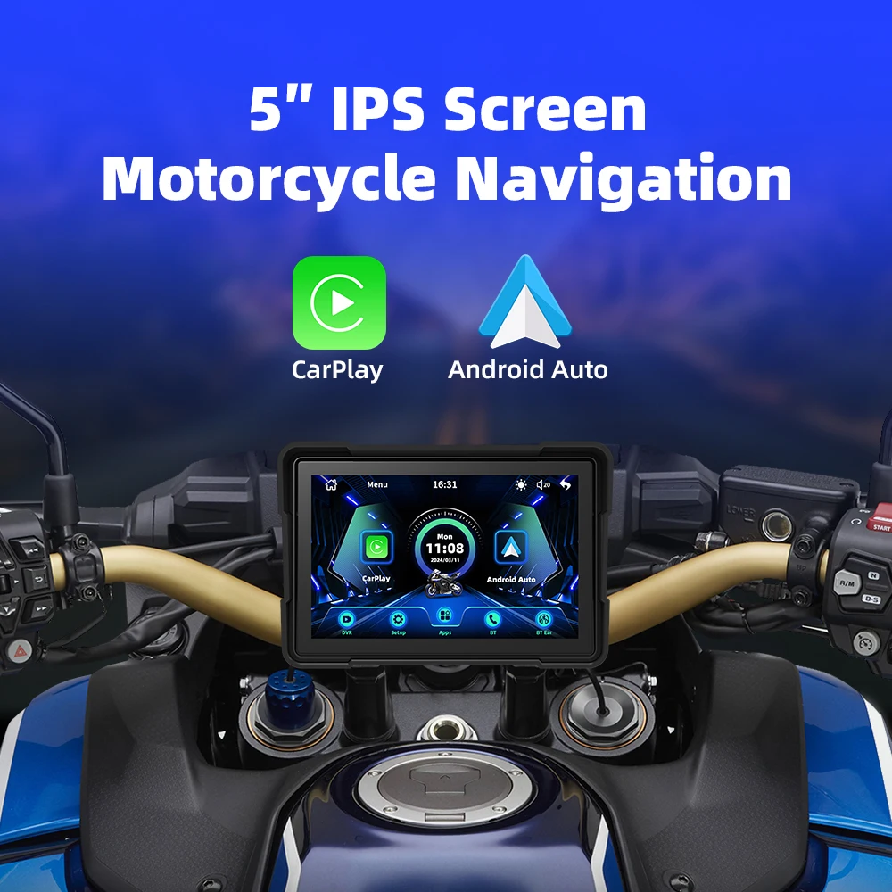 EKIY Monitor mobil motor portabel, 5 inci Digital dasbor sepeda motor GPS layar tampilan navigasi tanpa kabel CarPlay Moto Android Monitor otomatis BT5.0