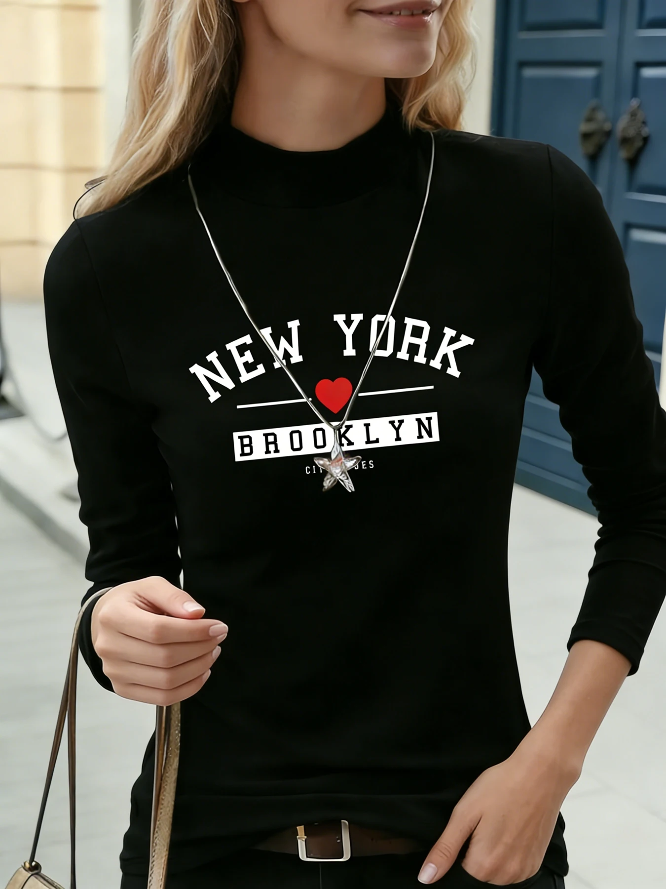 Dames T-shirt met opstaande hals en lange mouwen New York Brooklyn Rode hartprint Casual blouse Basic dagelijks T-shirt Zachte top voor dagelijks gebruik