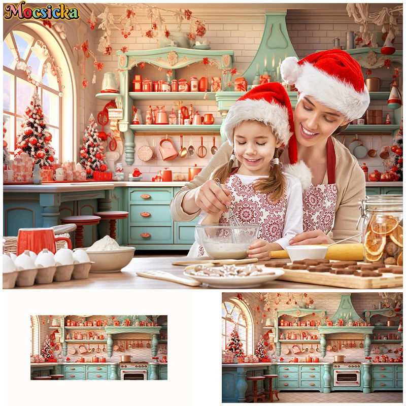 Christmas Kitchen Photography Backdrop Retro Cupboard XMAS Tree Decor Background Studio Newborn Baby Portrait Photocall Props