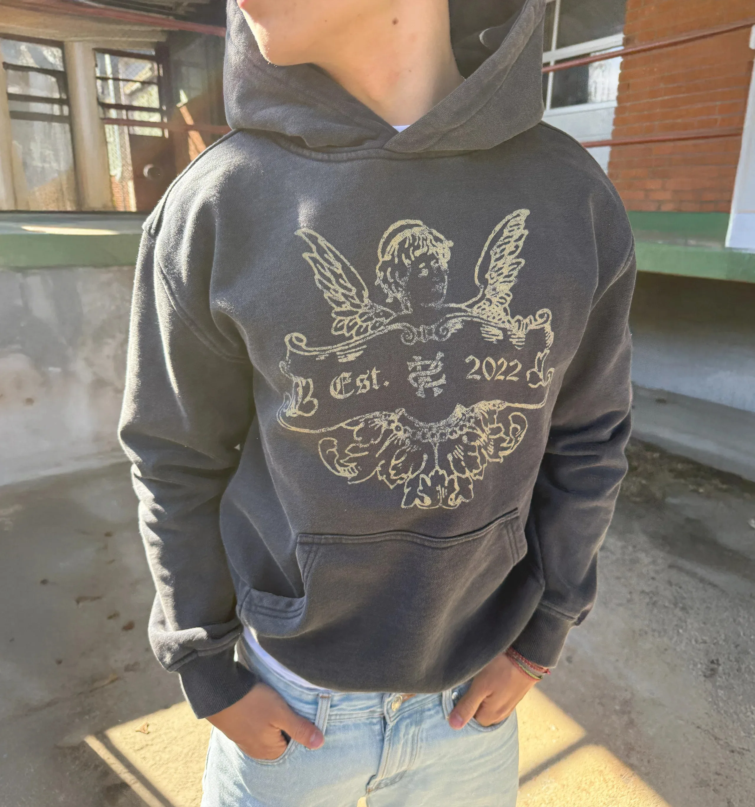 Vintage Washed Angel Printing Hoodie Men Y2K Streetwear Cherub Badge Blue Hoodie Hip Hop Retro Casual Oversized Loose Hoodies