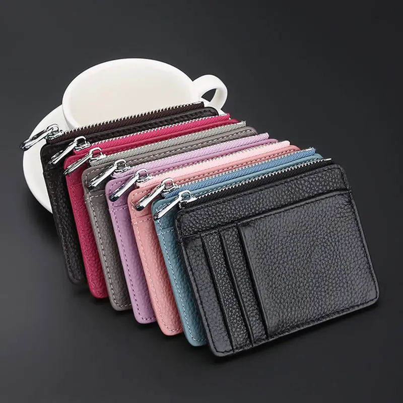 Simple Wallet Card Holder Thickened Coffee Pink Zipper Coin Bag for Male Female Students Solid Faux Leather Credit Card Holder