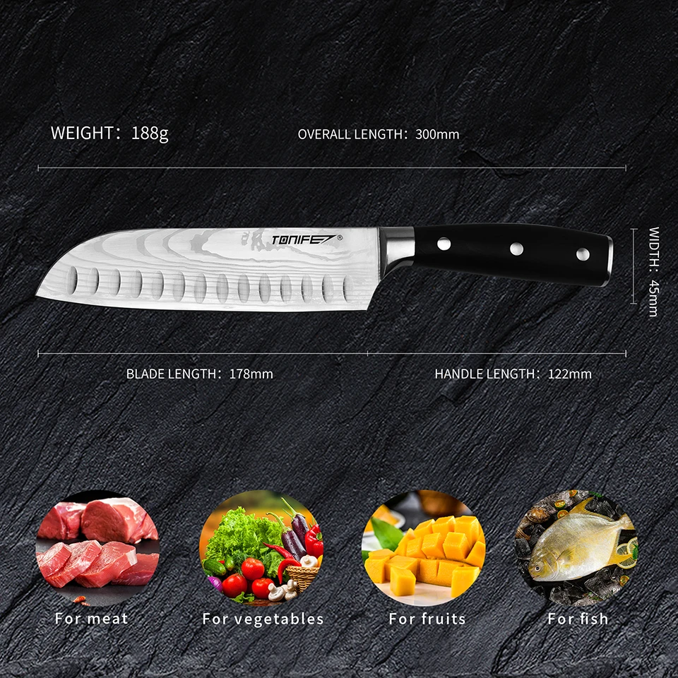 TONIFE Stainless Steel Santoku Knife Kitchen Chopping Knives for Vegetable Fruit Cutting Slicing Colorful Wood Handle