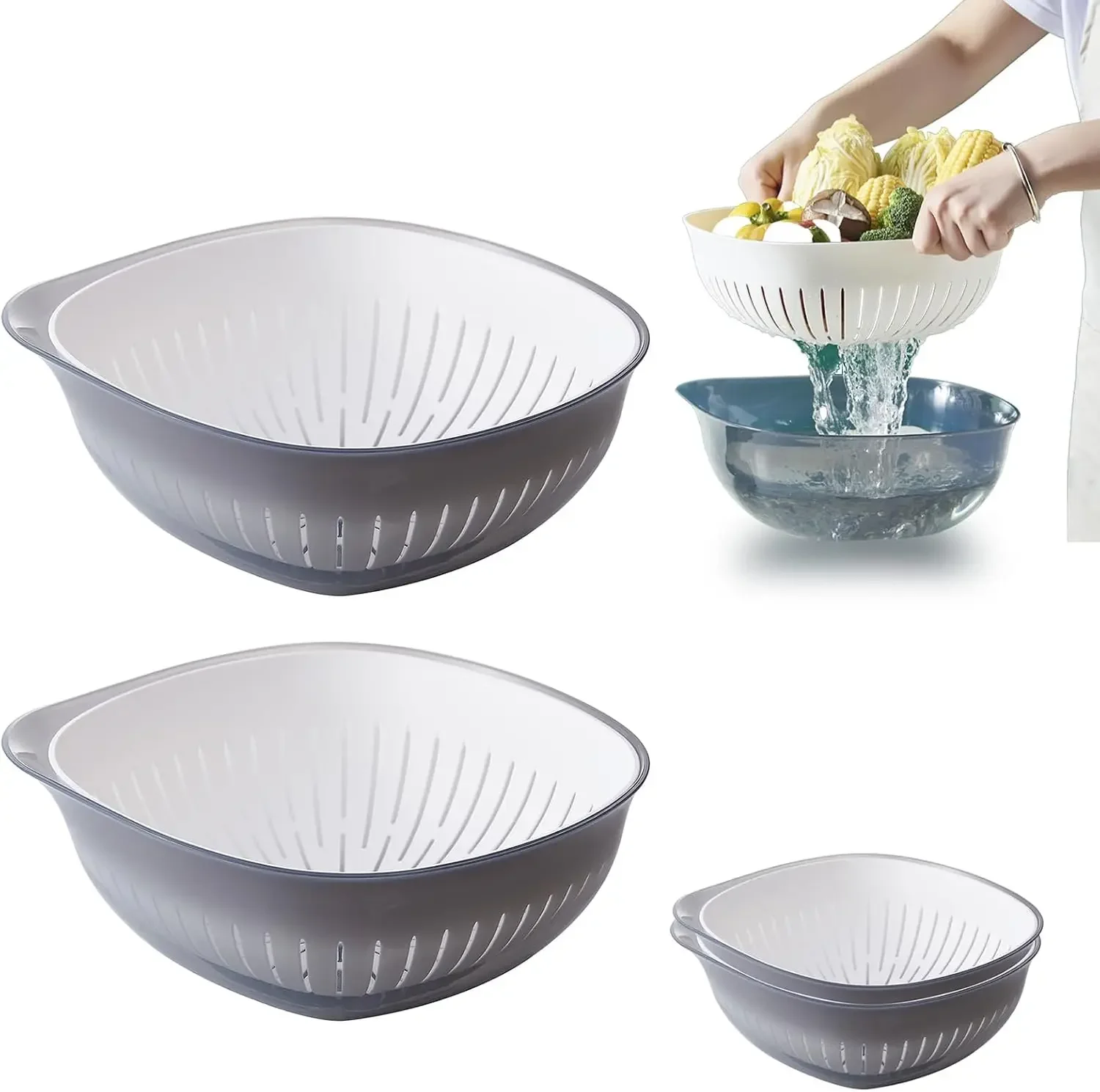Colander Bowl Set Of 2, Nesting Large Capacity Plastic Food Strainer For Pasta, Vegetables And Fruits Washing Draining Basket